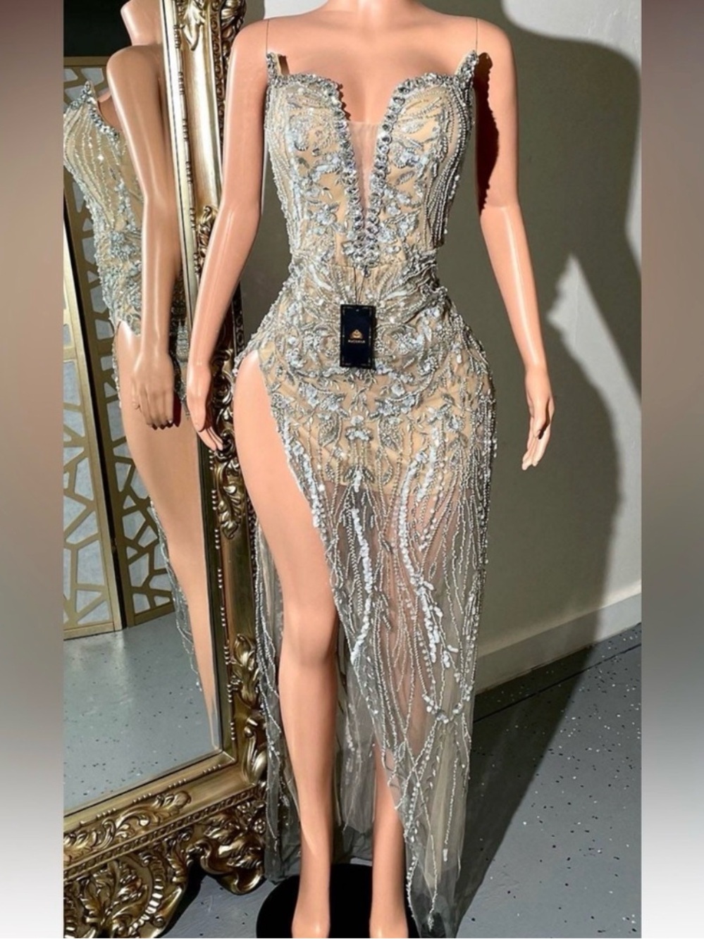 Sheer rhinestone evening gown
